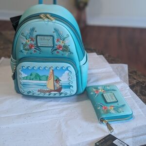 NWT Disney Loungefly Moana Embroidered Backpack and Wallet Set - Blue